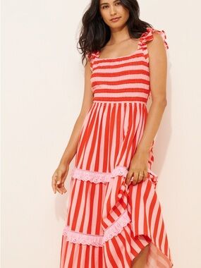 Neon Rose Tiered Striped Midi Dress